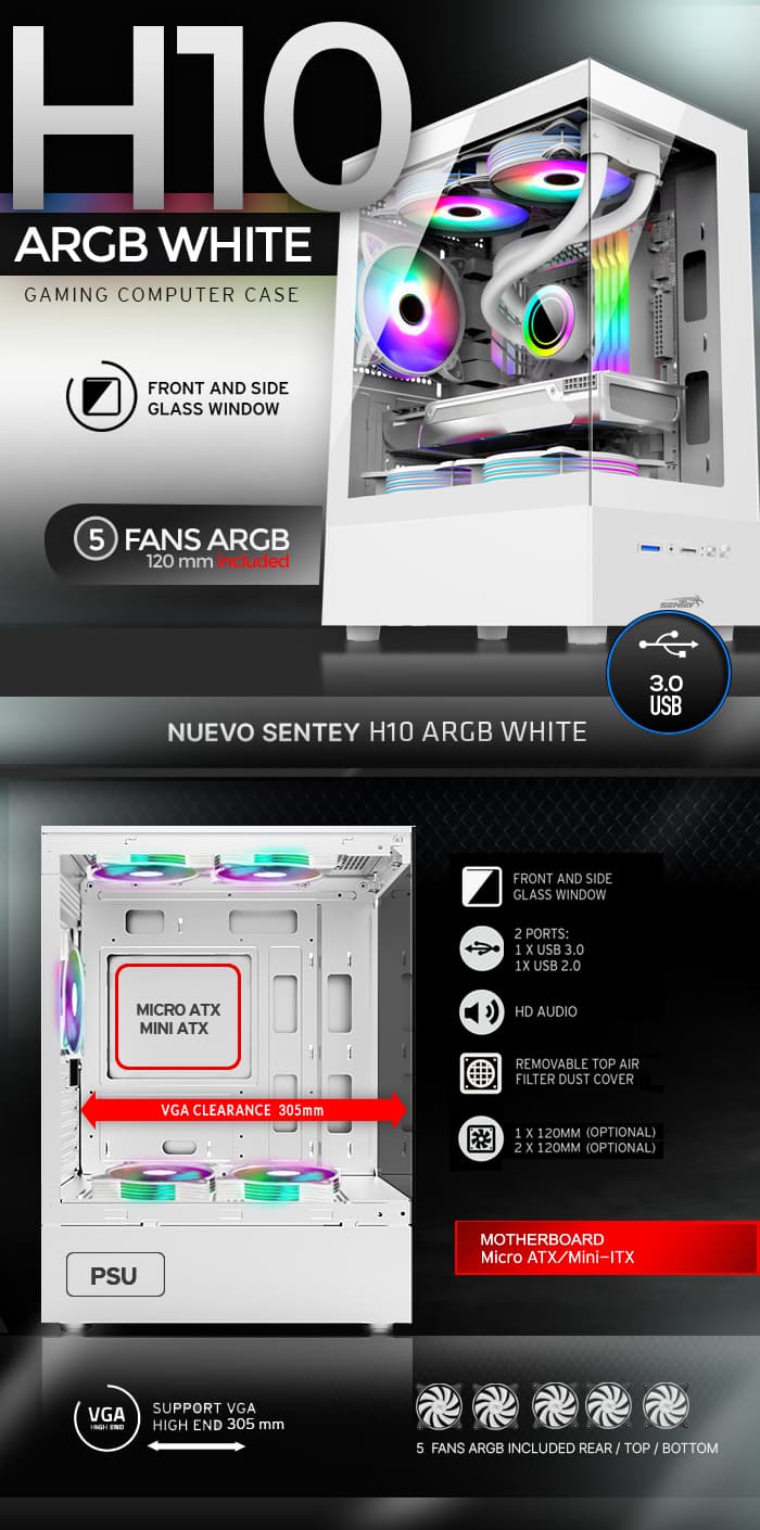 Gabinete Sentey H10 TG Vidrio Templado Frontal y Lateral Blanco (6100-ARGB-SFWHITE)