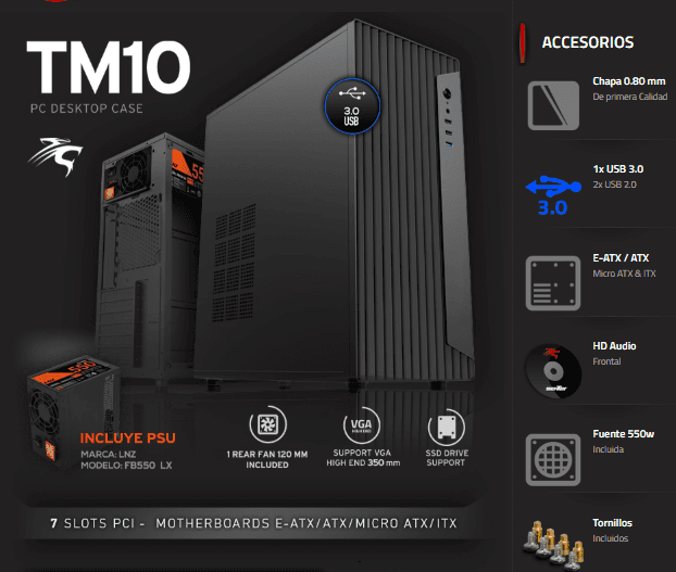 Gabinete Sentey TM10 c/Fuente FB550-LX 3 front Ports + Teclado KB01/Mouse MS01 (TM10)