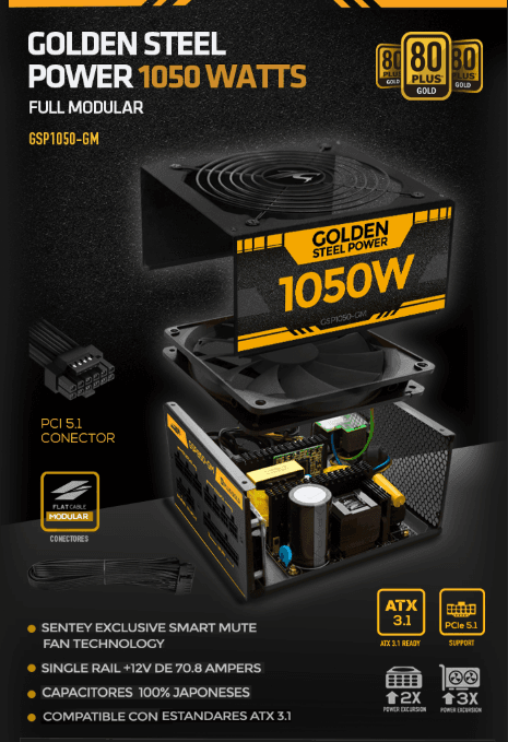 Fuente Gamer SENTEY 1050W 80 Plus Gold (GSP1050-GM)