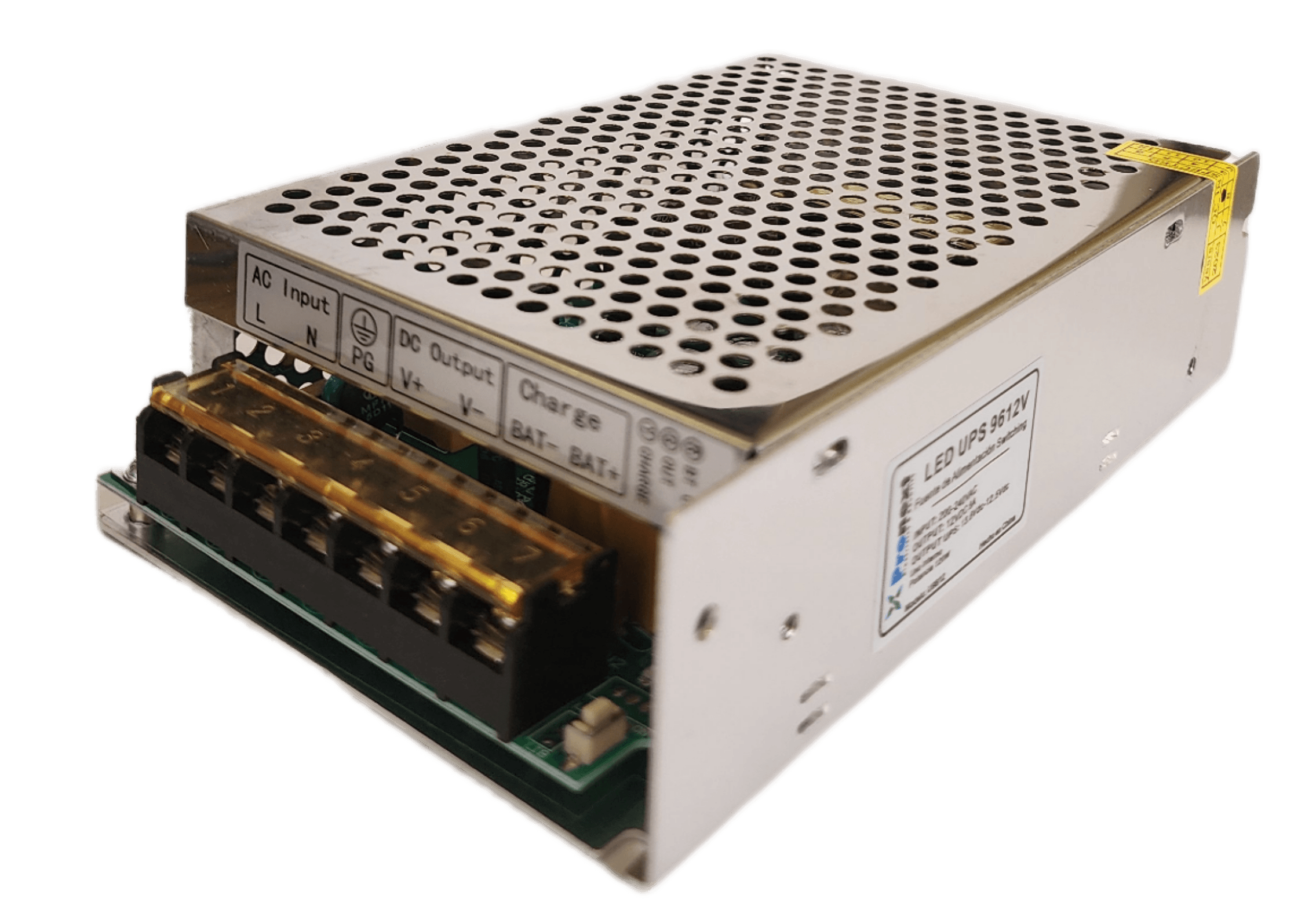 Fuente de Alimentación Switching Interna Entrada 200-40VAC Salida:12VDC 8A Salida UPS:13.8Vdc-12.5Vdc Potencia 120W
